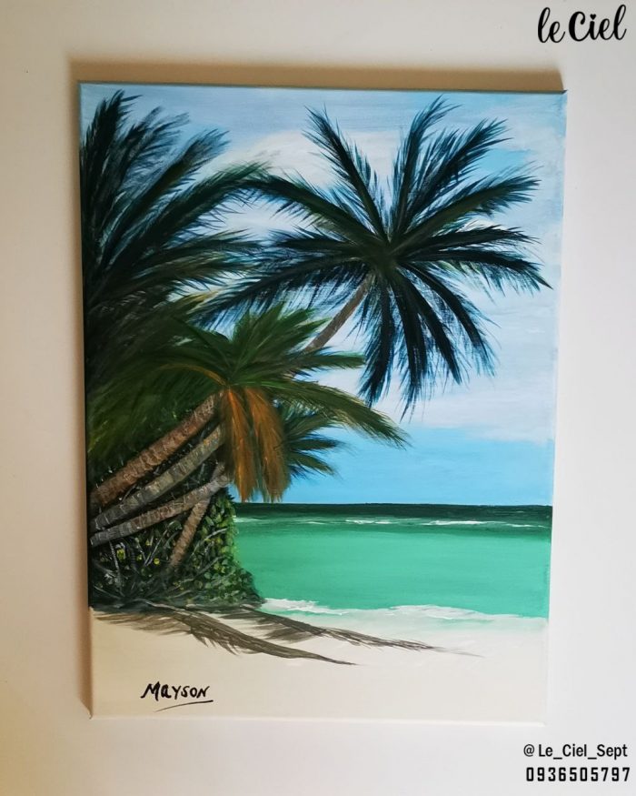 A colorful painting capturing the essence of summer. The painting features a vibrant color palette of blues, greens, and yellows, depicting a beautiful sunny day by the beach. The brushstrokes are loose and expressive, giving the painting a sense of movement and energy. This painting is the perfect addition to any summer-inspired decor.